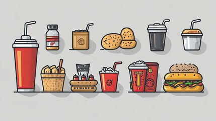 A colorful collection of various fast food items and beverages arranged on a neutral background