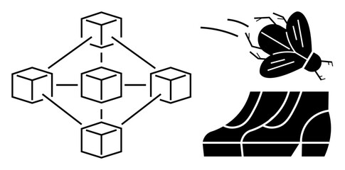 Network of interconnected blocks linked together with lines and a fly being swatted by a shoe. Ideal for blockchain, decentralization, connections, disruption, systems, pest control, metaphor