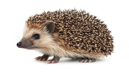 Fototapeta premium A close-up of a hedgehog standing still, showcasing its spiky quills, tiny nose, and curious eyes