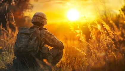 Fototapeta premium Soldier with a backpack contemplating sunset in grassy field