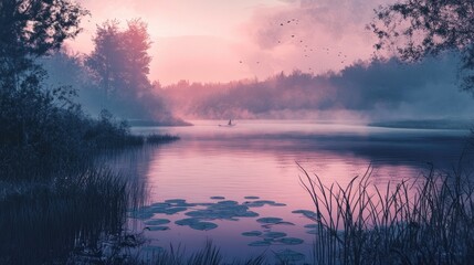 Serene lake surrounded by tranquil nature
