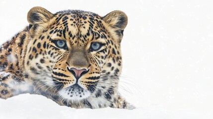 A close-up portrait of an Amur leopard, making intense eye contact with the viewer, highlighting its striking coat