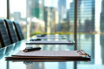 Notepad on a table with pen before meeting.