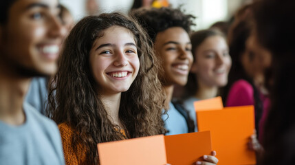 Joyful group of multicultural teenagers celebrating with colorful cards, showcasing smiles and happiness in a vibrant indoor setting full of positive energy and friendship.