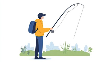 Young angler in a yellow jacket fishing by a serene lakeside surrounded by lush greenery