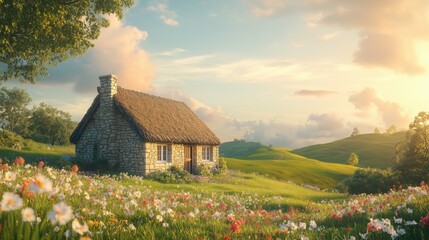 A traditional stone cottage with a thatched roof surrounded by wildflowers in the countryside.