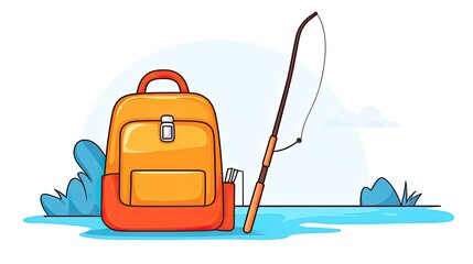 Vibrant fishing backpack and rod resting by a serene water body with lush greenery in background