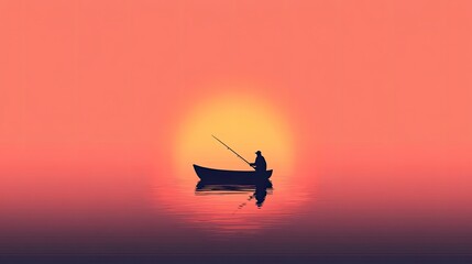 Silhouette of a Fisherman Casting a Line at Sunset Over Calm Waters with Vibrant Colors