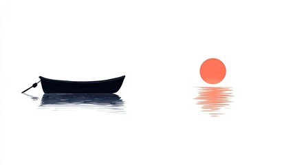 A serene scene of a solitary boat floating on calm waters with a vibrant sunset reflecting