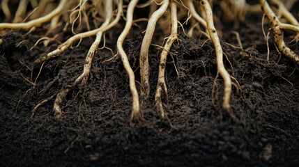 Close-up View of Organic Roots Exposing Soil Layers, Showcasing the Intricate Network of Plant Life and the Essential Role of Roots in Soil Health and Growth