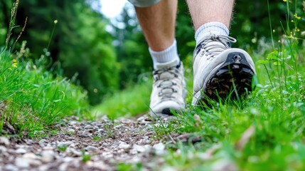 Fototapeta premium Hiking boots on trail, forest background, active lifestyle