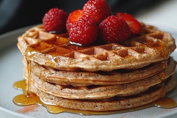 Delicious wholegrain waffles with berries and maple syrup breakfast table food photography cozy kitchen close-up culinary delight