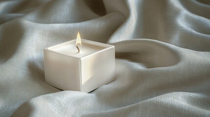 A serene candle flickering on soft, draped fabric, creating a tranquil ambiance in a cozy setting