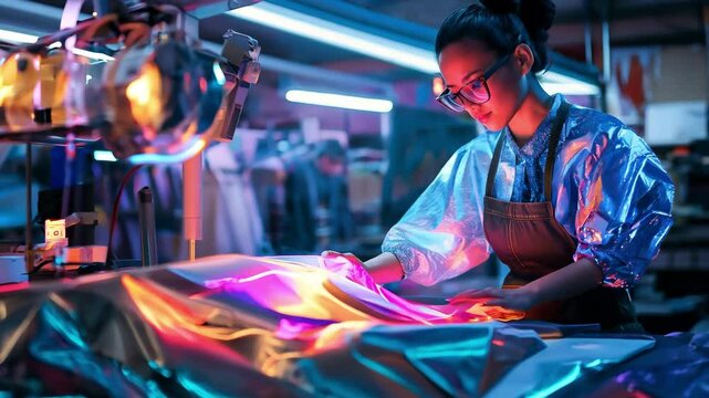 A fashion designer creating a new collection with a holographic fabric draping tool	