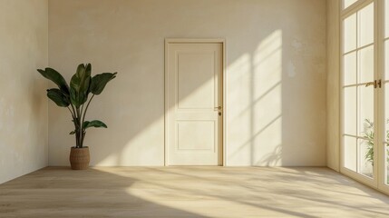 A serene, minimalistic room featuring a potted plant, light-colored walls, and a closed door, illuminated by soft sunlight.