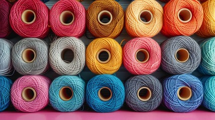 Frame made of different thread spools on pink background up front view