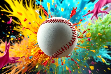 Shattered Impact – A cracked baseball soaring through vibrant paint shards, capturing the explosive energy of a home run