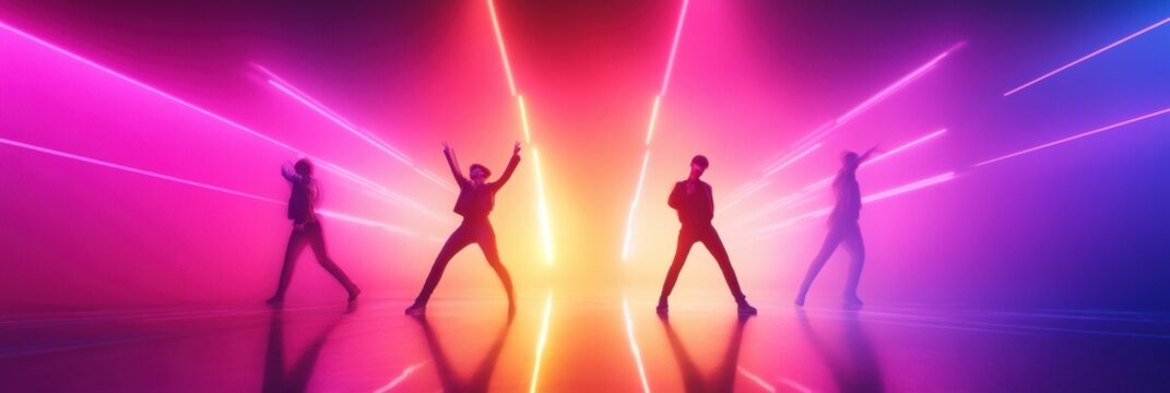 K pop idols showcase energetic dance moves on stage under vibrant pastel lighting during a live performance. Generative AI