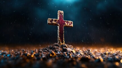 Fototapeta premium Apocalyptic Judgment: Christian Cross on Devastated Land in Dark Storm - End of World and Planet Earth Destruction Concept - AI Generative