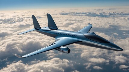 A high-tech AI-controlled airplane with self-repairing nanotechnology, flying above the clouds with a sleek aerodynamic design

