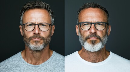 Dual Portrait of Mature Man with Glasses, Varying Expressions, and Stylish Hair on Dark Background