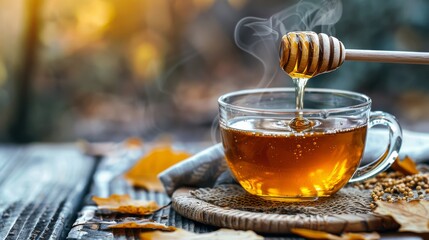 A cozy setting featuring a cup of hot herbal tea with a honey dipper dripping honey into it.