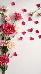 Colorful bouquet of roses with heart cutouts on a light background for a romantic celebration
