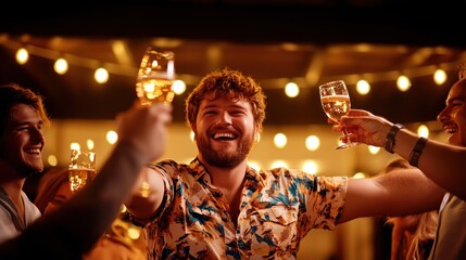 Cheerful group of friends celebrating together at a vibrant party, raising glasses of sparkling beverages under warm string lights in a festive atmosphere