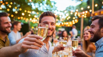 Celebration with Friends Outdoors Among String Lights and Cheerful Atmosphere at a Summer Gathering