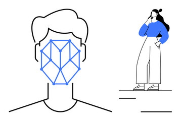 Black outline of a face with a blue geometric network pattern overlapping. A woman in blue shirt and white pants contemplating nearby stance. Ideal for technology, AI, biometrics, security