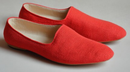 Red linen slippers on light background, product shot for online store