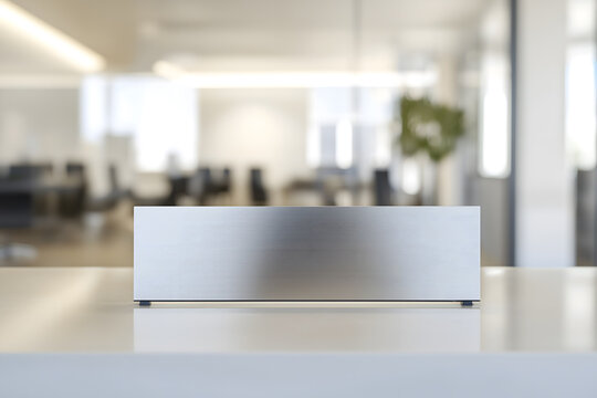 Modern minimalist reception desk with metallic nameplate in a bright office with natural light and a clean, professional design.