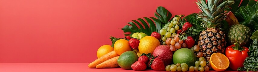Fresh Fruits on Coral Pink Background with Copy Space