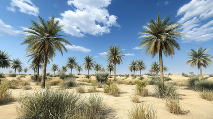 Fototapeta premium Serene desert oasis palm trees sway gently in warm breeze, conveying tranquility
