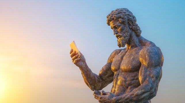 Selfie-obsessed Ancient Greek God Poses with Pastel Background in Sculpture