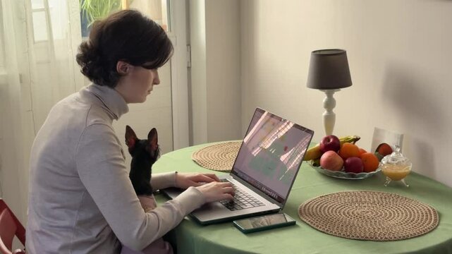 
Almaty, Kazakhstan - 02.02.2025 : A woman is sitting at her laptop, with her dog, in the kitchen. Work from home.