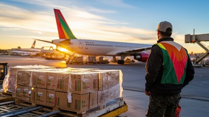 Worker Overseeing Cargo Loading at Sunset Near Airplane on Tarmac with Bright Colors and Transport Activity in Airport Environment