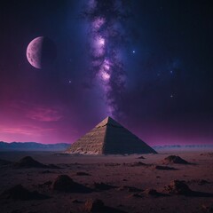 A colossal, dark pyramid standing on the surface of an alien planet. The sky is deep purple with twin moons, and strange glowing symbols pulsate along the pyramid&rsquo;s sides.