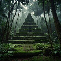 An ancient pyramid covered in moss and vines, hidden deep in a tropical jungle. Mist rises from the dense foliage, and mysterious carvings glow faintly in the dim light.