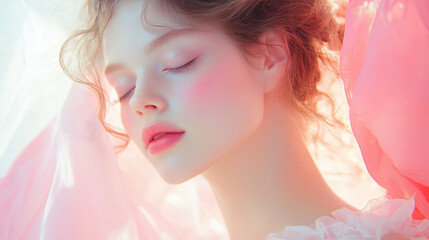 Fototapeta premium A woman with long hair and a pink dress