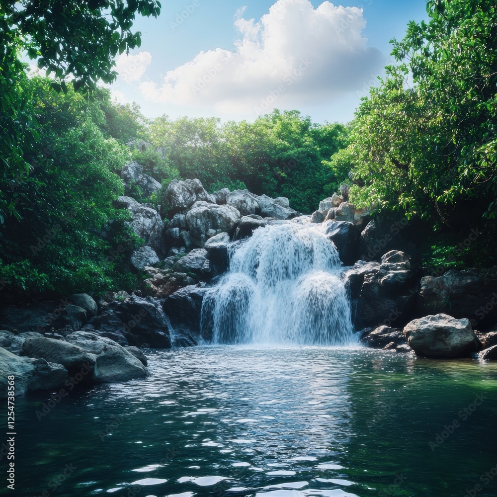 Poster beautiful waterfall cascading into a serene pool surrounded by lush greenery on a sunny day. generat