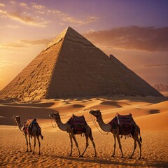 A grand Egyptian pyramid standing tall under a golden sunset, casting long shadows over the desert. The sky is painted in hues of orange and purple, with a caravan of camels in the distance.