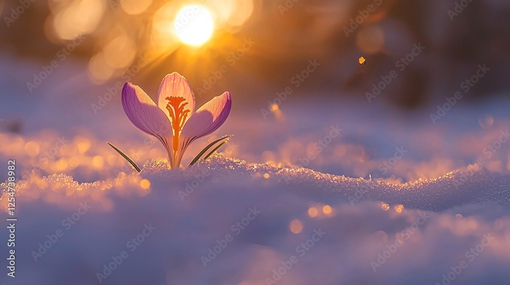 Poster a delicate crocus flower emerges from a blanket of snow, beautifully illuminated by the fading sunli