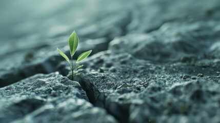 Close-up of a small plant emerging from a crack in weathered concrete, symbolizing resilience and growth.
