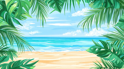 Fototapeta premium Serene tropical beach scene idyllic escape turquoise water palm leaves frame sandy beach