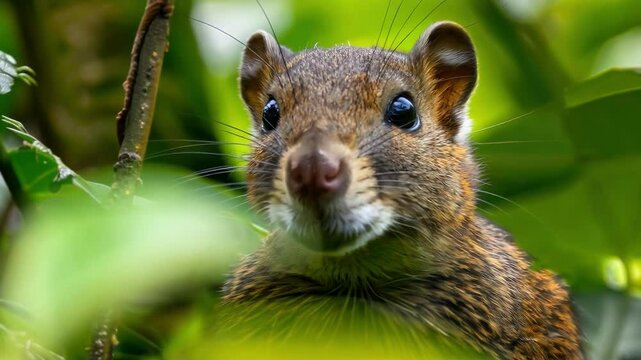 Curious rodent peering through lush greenery in tropical habitat, agouti AI