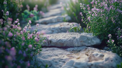 Close-up of creeping thyme and sage growing between stepping stones in a garden path, creating a fragrant and textured ground cover.