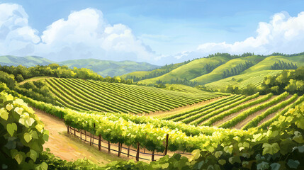 Naklejka premium Serene vineyard landscape rolling hills bathed in sunlight evoke sense of peace and tranquility