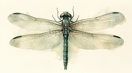 Detailed illustration of a dragonfly with transparent wings, showcasing intricate anatomy and delicate features