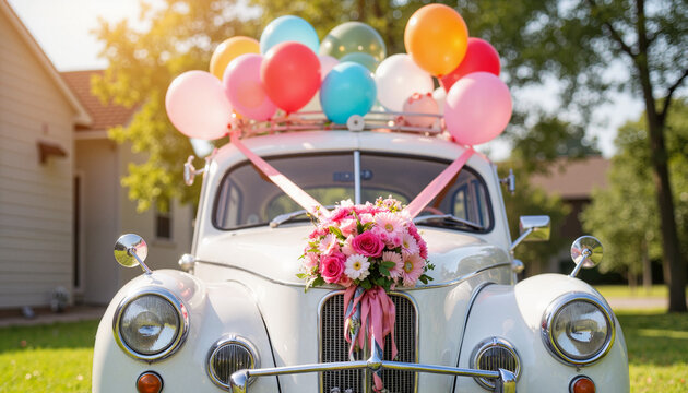 Decorative wedding car adorned with balloons and flowers, joyful celebration